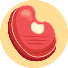 Raw Red Meat Steak With White Marbling Fat Isolated On A Yellow Circle Background A Top Down View With Slight Angle