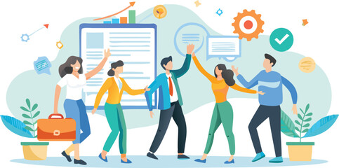 Diverse business team celebrating a successful project completion with a high five symbolizing teamwork achievement and positive collaboration in a modern office setting