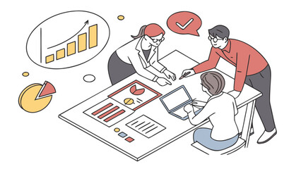 Diverse group of business professionals collaborating and analyzing marketing strategies in a modern office setting showcasing teamwork and strategic planning