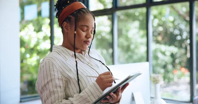African woman, stylus and tablet in home for feedback, editing article and confirm submission. Person, remote work and writing on digital for proofreading report, update draft and story publication