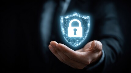 Hand holding glowing digital shield with padlock icon against dark background.