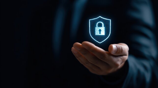 Hand holding glowing digital shield icon with padlock symbol.