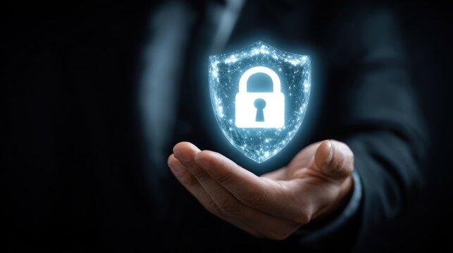 Hand holding glowing digital shield with padlock icon against dark background.