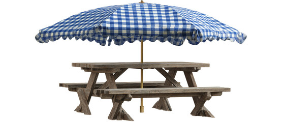 A rustic wooden picnic table with a blue and white checkered umbrella, set in a serene outdoor environment, perfect for family gatherings or casual dining in nature