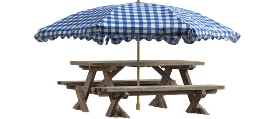 A rustic wooden picnic table with a blue and white checkered umbrella, set in a serene outdoor environment, perfect for family gatherings or casual dining in nature