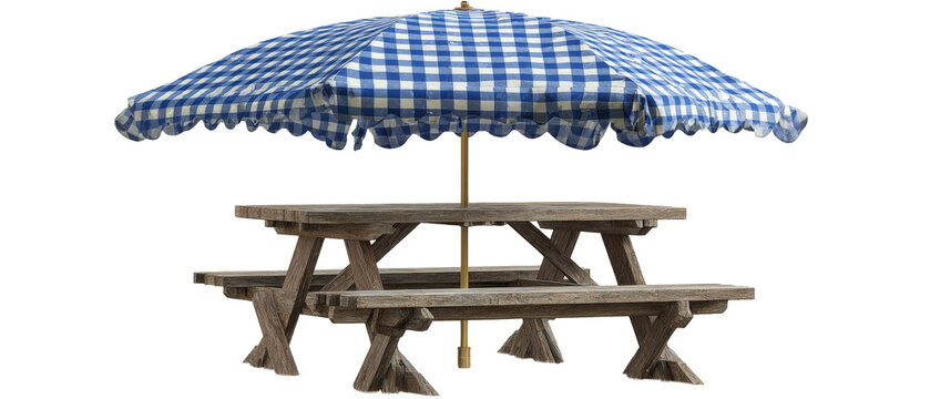A rustic wooden picnic table with a blue and white checkered umbrella, set in a serene outdoor environment, perfect for family gatherings or casual dining in nature