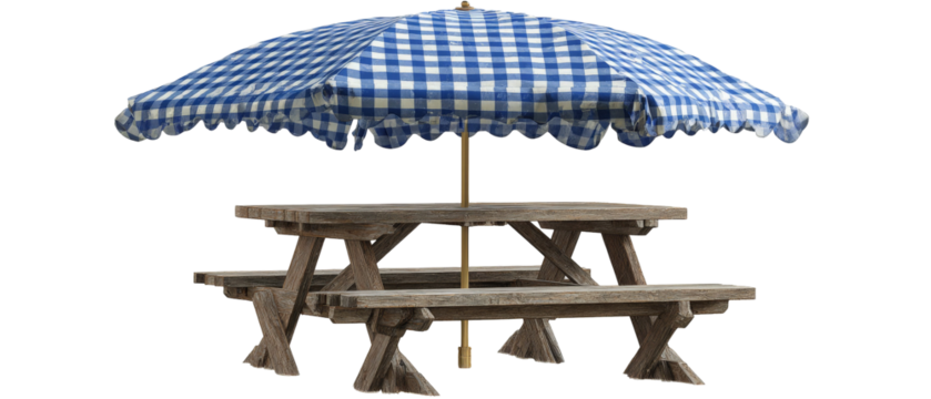 A rustic wooden picnic table with a blue and white checkered umbrella, set in a serene outdoor environment, perfect for family gatherings or casual dining in nature