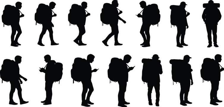Group of Backpackers Silhouettes Walking Together people