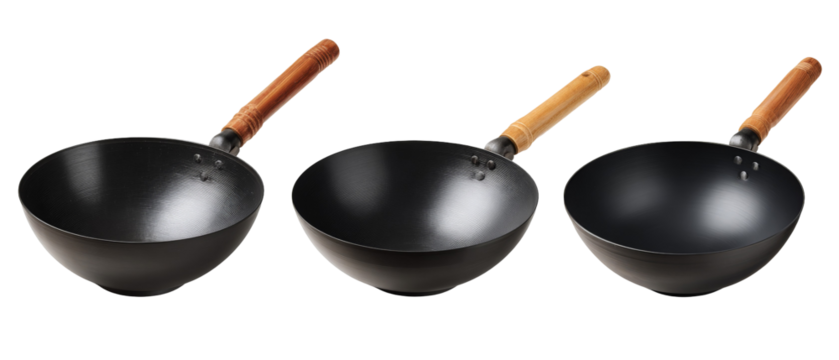 A collection of three traditional cooking woks with wooden handles, showcasing their unique shapes and sizes, set against a clean, neutral background ideal for culinary illustrations