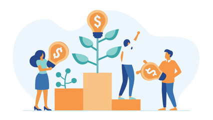 Diverse group of professionals celebrating business success and innovative idea growth with vibrant dynamic graphics