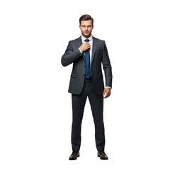 Confident professional man in sharp suit adjusting tie, ready for business success and opportunities