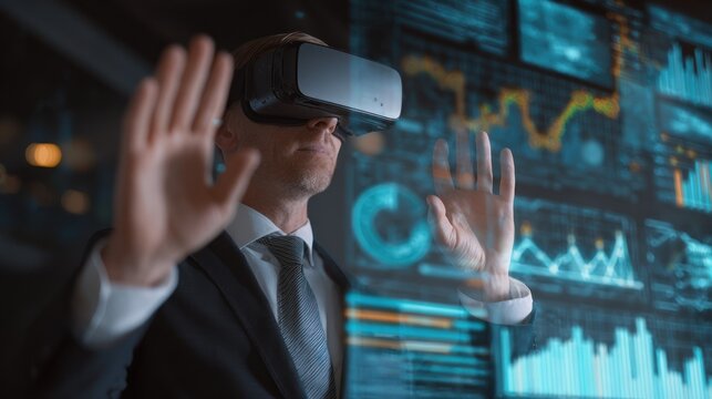 Businessman interacts with holographic data using virtual reality headset.