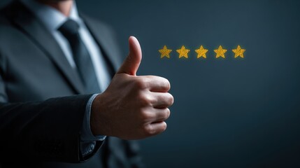 Businessman gives thumbs up next to five glowing yellow rating stars.