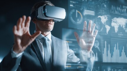 Businessman interacts with virtual reality data interface using headset.