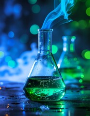 A flask holds glowing green-blue liquid with bubbles and dramatic blue vapor rising in a dark lab