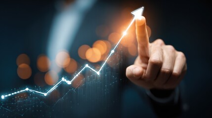 Finger touches glowing upward arrow on digital financial graph background.