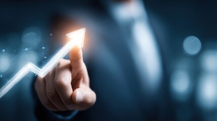 Businessman finger touches glowing upward trending digital arrow graph.