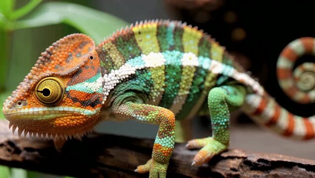 Colorful chameleon on a branch with detailed skin texture and pattern