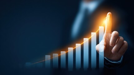 Businessman touches glowing upward trending bar chart projection