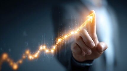 Finger interacting with glowing upward trending digital financial chart.