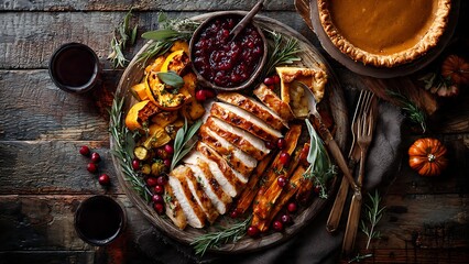 A beautifully arranged thanksgiving feast featuring sliced turkey breast cranberry sauce roasted vegetables and a pumpkin pie perfect for holiday celebrations