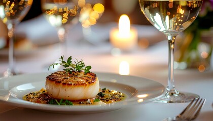 A seared scallop dish and glass of white wine on a table, lit by warm candlelight and bokeh