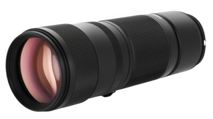 Black telephoto lens isolated on transparent background for professional photography