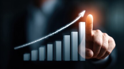 Finger touches glowing upward arrow over rising bar graph.