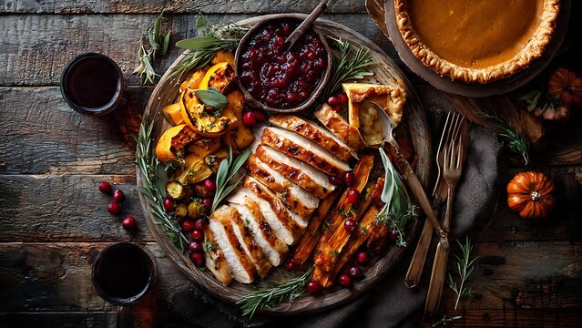 A beautifully arranged thanksgiving feast featuring sliced turkey breast cranberry sauce roasted vegetables and a pumpkin pie perfect for holiday celebrations - Powered by Adobe
