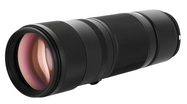 Black telephoto lens isolated on transparent background for professional photography