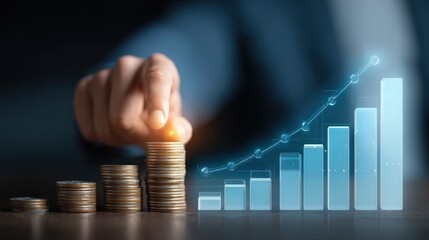 Hand adding coin to stack near glowing upward financial growth chart