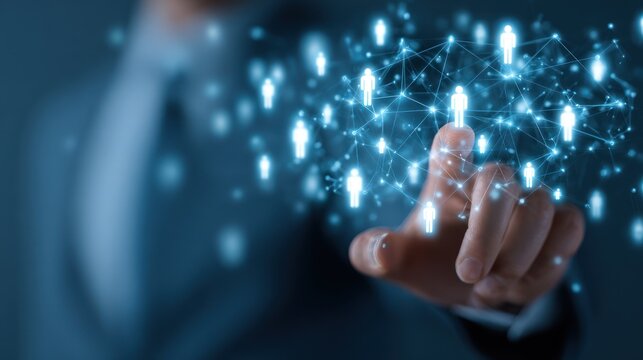 Finger interacting with glowing digital human network interface