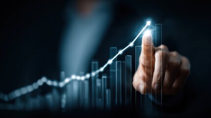 Finger interacting with glowing upward trending digital bar chart graph
