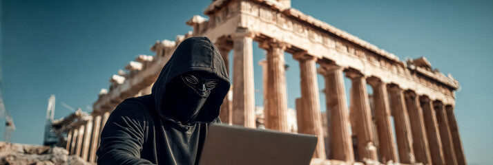 A hooded figure works quietly before an ancient temple, creating a striking tension between timeless stone and an emerging digital threat.