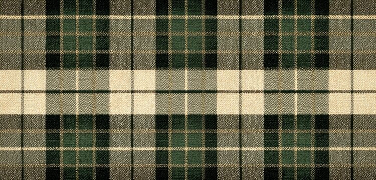 Close up view of a woven plaid fabric with intersecting lines and earthy tones.