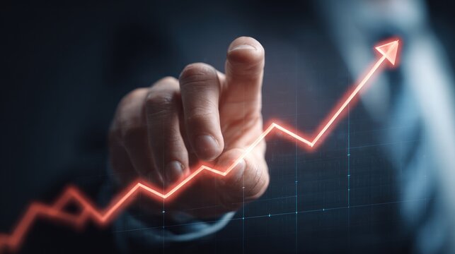 Finger interacting with a glowing upward trending digital graph
