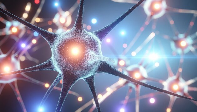 Macro visualization of interconnected neurons and glowing synapses, representing brain activity or an AI network.