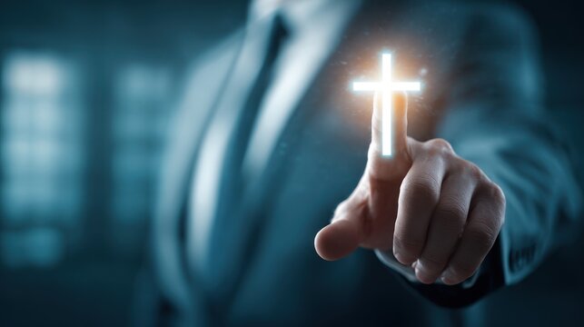 Businessman finger touching glowing white cross icon in dark setting.
