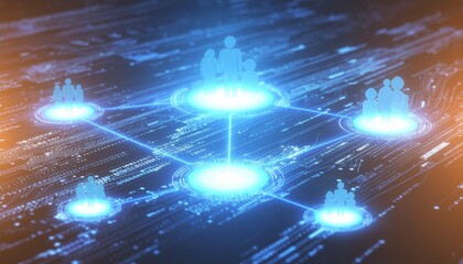 Symbolic concept of teamwork connected by glowing digital lines/nodes on a blue tech interface/circuit board.