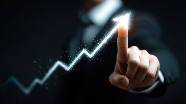 Businessman finger touches glowing upward trending digital graph line