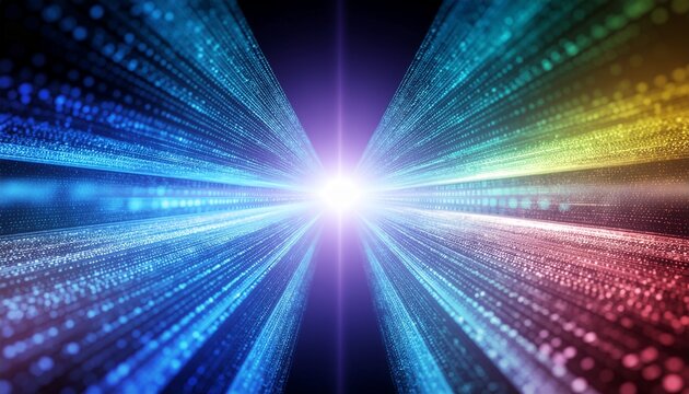 Two streams of rainbow-colored binary code merge at a bright central glowing node, symbolizing data convergence. - Powered by Adobe