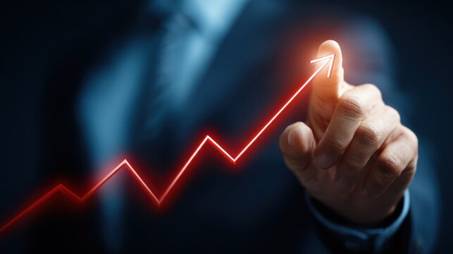 Finger touching glowing red upward trending line graph