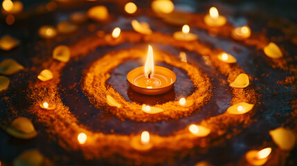 Diwali celebration with beautiful candles, petals and turmeric powder design pattern