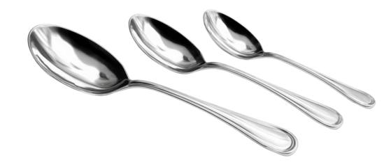 A collection of three shiny stainless steel spoons of varying sizes arranged neatly on a white background, showcasing their reflective surfaces and elegant design