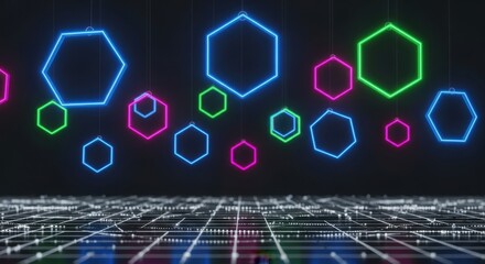 Vibrant neon hexagons float above a futuristic digital grid in a dark abstract background