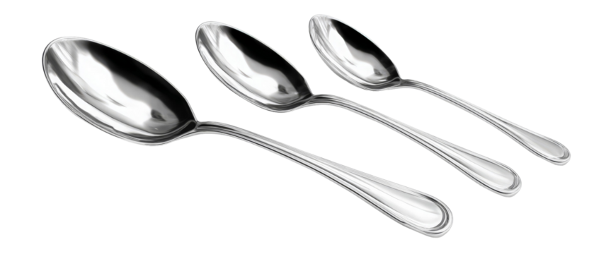 A collection of three shiny stainless steel spoons of varying sizes arranged neatly on a white background, showcasing their reflective surfaces and elegant design
