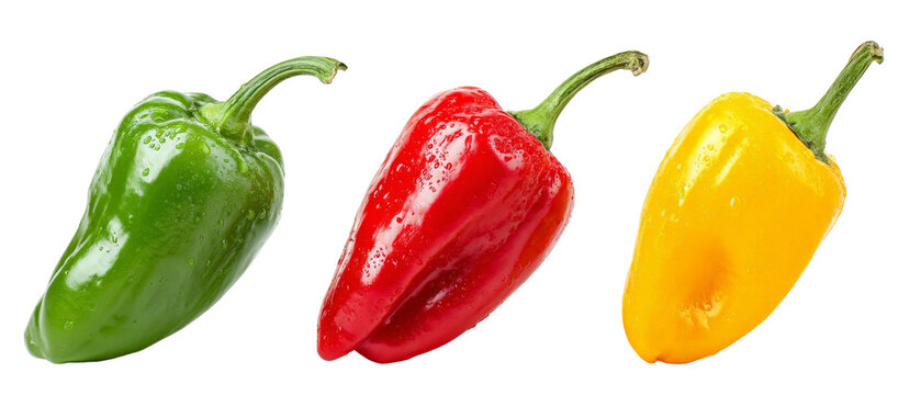A vibrant trio of bell peppers in green, red, and yellow stacked neatly against a transparent background, showcasing their glossy surfaces and fresh appearance, ideal for culinary use