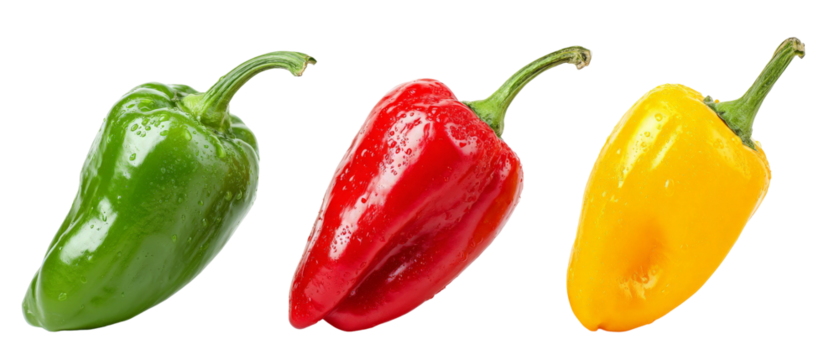 A vibrant trio of bell peppers in green, red, and yellow stacked neatly against a transparent background, showcasing their glossy surfaces and fresh appearance, ideal for culinary use