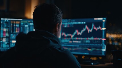 Man watches financial charts on computer screens at night.