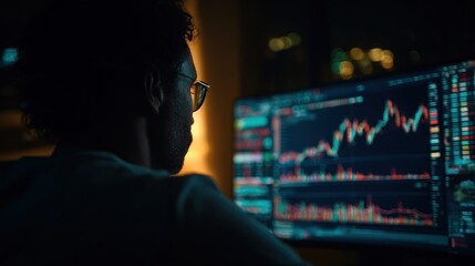 Man watches glowing stock market charts in dark room environment